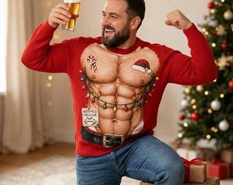 Funny Reindeer Hairy Chest Christmas Shirt, Ugly Ugly Sweater Party Sweatshirt