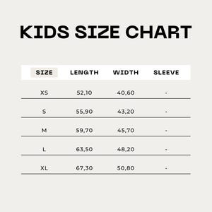 May include: Kids size chart with measurements in inches for length, width, and sleeve. The chart includes sizes XS, S, M, L, and XL.