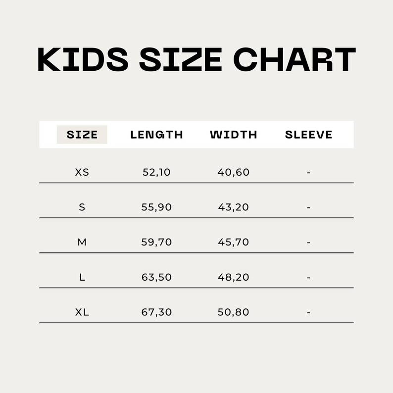 May include: Kids size chart with measurements in inches for length, width, and sleeve. The chart includes sizes XS, S, M, L, and XL.
