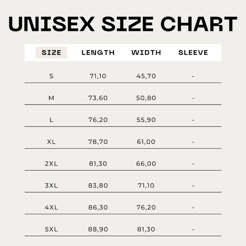 May include: Unisex size chart with measurements in inches for length and width. The chart shows sizes S through 5XL with corresponding measurements for length and width.