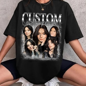 May include: Black t-shirt with a silver graphic that says "CUSTOM Your Photo" and features a collage of five women's faces.