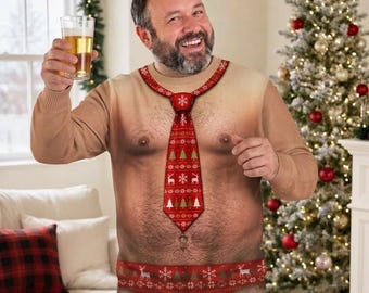 Funny Hairy Chest Ugly Christmas Ugly Sweater, Santa Suit Gag Gift for Husband, Xmas Outfit