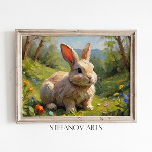 Small Easter Bunny Oil Painting, Easter Decor, Printable Wall Art, Vintage Spring Rabbit, Moody Farmhouse Digital Print, Stefanov Arts B108