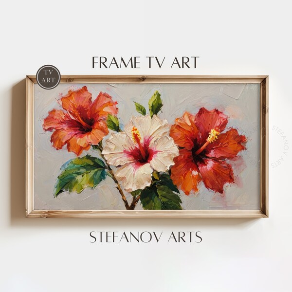Art mural Samsung cadre, peinture à l'huile fleur d'hibiscus, art TV aux tons chauds et colorés, téléchargement numérique art cadre TV, Stefanov Arts D131