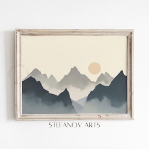 Minimalist Mountainscape PRINTABLE, Foggy Atmospheric Peaks Art, Zen Japandi Style Wall Decor, Serene Abstract Landscape Download B268