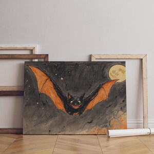 The Orange Bat Halloween Wall Art, Printable Halloween Rustic Decor, Spooky Ghost Art, Fall Season Wall Art, Vintage Oil Painting B212