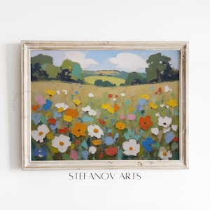 Colorful Wildflower Field Printable Art, Vibrant Impressionist Meadow Print, Cheerful Textured Floral Art, Botanical Instant Download B271