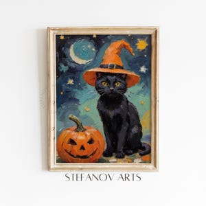 Little Witch Cat Halloween Wall Art, Printable Halloween Rustic Decor, Spooky Ghost Art, Fall Season Wall Art, Vintage Oil Painting A159