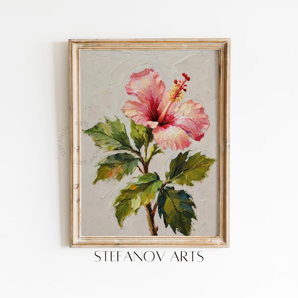 Hibiscus flower oil painting | Neutral Vintage Print | PRINTABLE Botanical Digital Wall Art | Floral Farmhouse Decor | Stefanov Arts A025