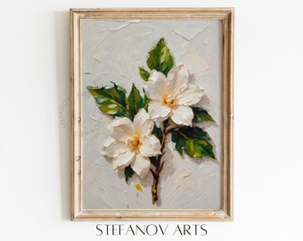 Gardenia flower oil painting | Neutral Vintage Print | PRINTABLE Botanical Digital Wall Art | Floral Farmhouse Decor | Stefanov Arts A021