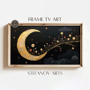 Whimsical Moon Garden Samsung Frame TV Art, Golden Crescent Moon in Wildflowers, Magical Night Stars, Digital Download Nursery Decor D210