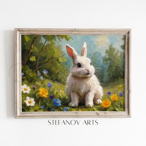 White Easter Bunny Oil Painting, Easter Decor, Printable Wall Art, Vintage Spring Rabbit, Moody Farmhouse Digital Print, Stefanov Arts B109