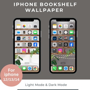 Sfondo accogliente per libreria per iPhone 12/13/14, schermata iniziale di una libreria organizzata, sfondo di libri e piante per iPhone, modalità chiara, modalità scura