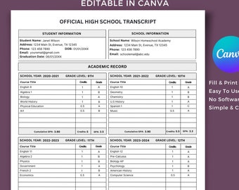Fillable Printable Official High School Transcript, Homeschool Academic ...
