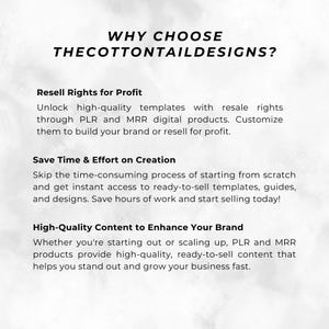 May include: Text on a white background that reads "WHY CHOOSE THECOTTONTAILDESIGNS?"  The text below explains the benefits of using the company's services, including resell rights for profit, saving time and effort on creation, and high-quality content to enhance your brand.