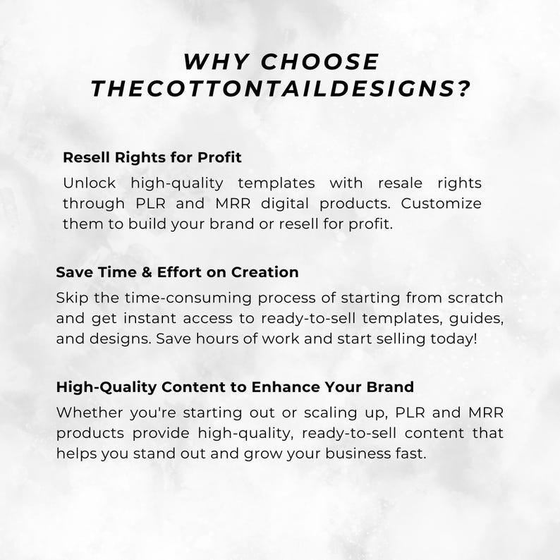 May include: Text on a white background that reads "WHY CHOOSE THECOTTONTAILDESIGNS?"  The text below explains the benefits of using the company's services, including resell rights for profit, saving time and effort on creation, and high-quality content to enhance your brand.