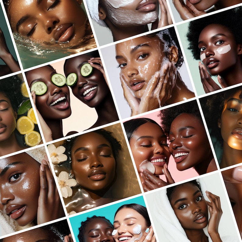 May include: A collage of images featuring people of different skin tones applying face masks and skincare products. The images show various stages of the skincare routine, from cleansing to moisturizing.