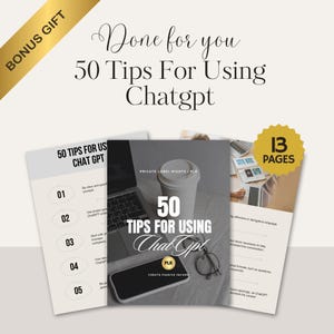 May include: A digital product cover with a laptop, coffee cup, and glasses. The cover is gray with white text that reads "50 Tips For Using Chatgpt" and "Private Label Rights | PLR". The text "Create Passive Income" is also on the cover. The cover is surrounded by a white background.