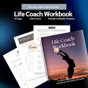 May include: A stack of printable life coach workbooks with the title "Life Coach Workbook" on the cover. The cover features a silhouette of a person holding a moon against a sunset background. The workbooks are designed to help manage life and include editable templates.