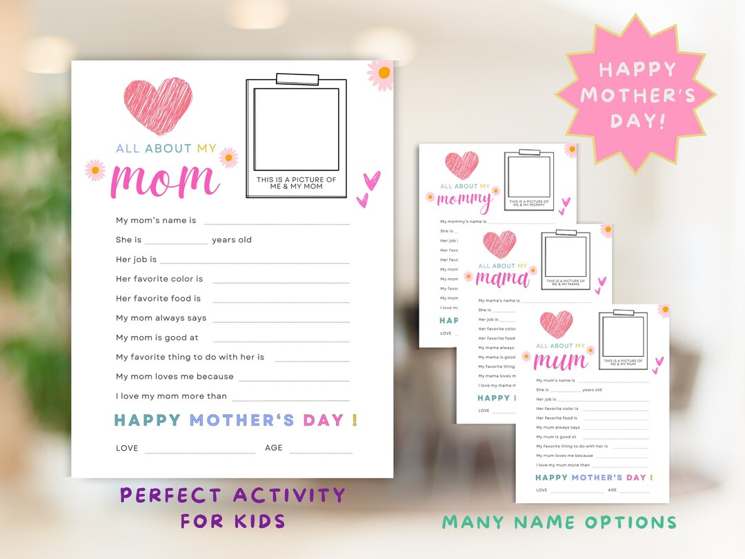 All About My Mommy Printable Fill in the Blanks, Happy Mothers Day ...