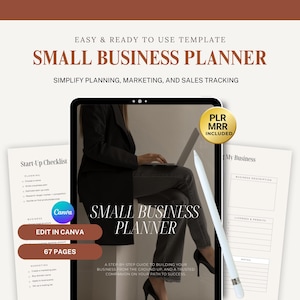 May include: A digital planner template for small businesses, displayed on a tablet. The template includes sections for planning, marketing, and sales tracking. The text "PLR MRR INCLUDED" is visible in a gold circle on the screen. The template is designed to help entrepreneurs build their businesses from the ground up.