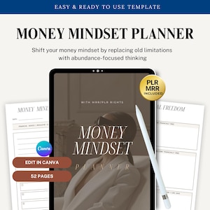 Pode incluir: Um planejador digital com uma imagem de capa de uma mulher usando óculos de sol e uma jaqueta marrom. O planejador é intitulado "Money Mindset Planner" e inclui 52 páginas. O texto "PLR MRR Included" é exibido em um círculo dourado.