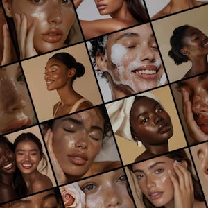 May include: A collage of diverse people with different skin tones, showcasing various skincare routines. The images depict individuals applying face masks, cleansing their skin, and moisturizing.