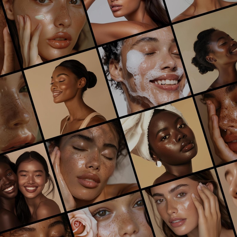 May include: A collage of diverse people with different skin tones, showcasing various skincare routines. The images depict individuals applying face masks, cleansing their skin, and moisturizing.