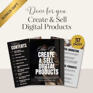 May include: A black and white guide with the title "How To Create & Sell Digital Products". The guide includes a table of contents and a step-by-step guide on how to start making a passive income with digital marketing, digital products and Instagram. The guide also includes a bonus of 50 digital product ideas.