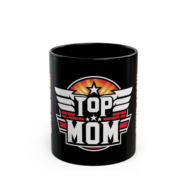 Top Mom 11 oz Black Coffee Mug, Art Deco and Top Gun Inspired Gift for Mothers
