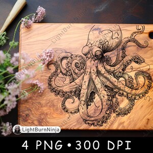 May include: A wooden chopping board with a detailed black and white illustration of an octopus with tentacles. The octopus is centred on the board and the wood grain is visible.