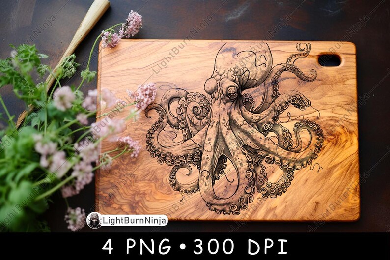 May include: A wooden chopping board with a detailed black and white illustration of an octopus with tentacles. The octopus is centred on the board and the wood grain is visible.