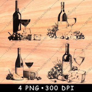 Bottiglia di vino in vetro Formaggio Uva Cibo Gourmet Vassoio Vigneto File laser Brucia Scala di grigi Ardesia Sottobicchiere Nero Bianco Immagine PNG Incisione Cnc Legno