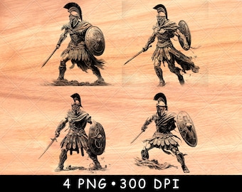 Greek Warrior PNG Laser Engraving File, Spartan Gladiator Soldier, Ancient Fighter Shield Sword Art, Wood Sign Decor