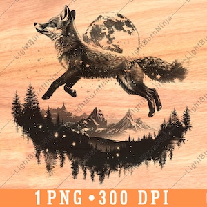 Renard sautant, pins des montagnes, forêt, nature, paysage, mouche, fichier laser, gravure en niveaux de gris, ardoise, sous-verres, image PNG noir et blanc, gravure sur bois, un