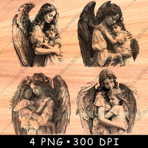Mutter Engel Kind Umarmung Göttliche Engel Liebe Spirituelle Fürsorge Laserdatei Brennen Graustufen Schiefer Untersetzer Schwarz Weiß PNG Bild Gravieren Cnc Holz