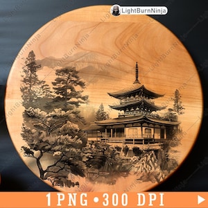 Japanese Temple Landscape PNG | Zen Pagoda Scene Clipart for Laser Engraving | Asian Architecture Art for Wood Burn Decor Projects