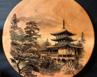Japans tempellandschap, png PNGEgg | Zenpagodescène clipart voor lasergravure | Aziatische architectuurkunst voor houtgestookte decorprojecten