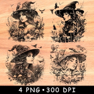 Hermosa bruja naturaleza plantas pájaros voladores búho bosque floración archivo láser quemar escala de grises posavasos pizarra negro blanco imagen PNG grabado cnc madera