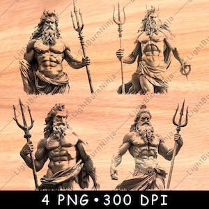 Poséidon dieu grec mer divinité antique seigneur mythe trident figure fichier laser graver en niveaux de gris ardoise sous-bock noir blanc image PNG graver du bois cnc