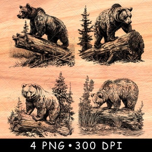 Grizzlybeer logboek bosscène wilde dieren dieren in het wild laserbestand branden grijstinten leisteen onderzetter zwart wit PNG-afbeelding graveren cnc houtkunst