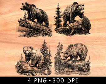 Grizzly Bear Log Forest Scene Wild Animal Wildlife  Scene Laser File Burn Grayscale Slate Coaster Black White PNG Image Engrave Cnc Wood Art