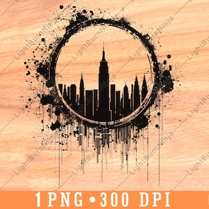 Logo di New York, skyline della città, grattacielo, torre, urbano, grunge, inchiostro, file laser, masterizzazione, scala di grigi, sottobicchiere in ardesia, bianco e nero, immagine PNG, incisione su legno, uno