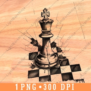 Ajedrez Rey Corona Tablero Juego Pieza Grietas Estrategia Jaque Mate Archivo Láser Quemar Escala de Grises Pizarra Posavasos Negro Blanco Imagen PNG Grabar Madera, uno