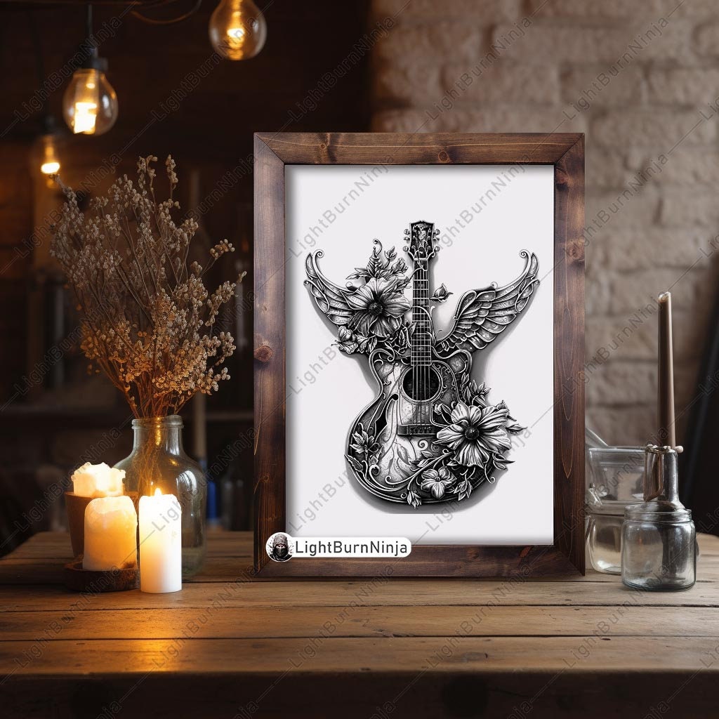 Guitar Wings PNG Laser Engraving Design, Floral Acoustic Electric