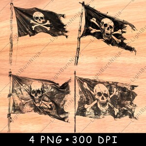 May include: Four distressed black pirate flags with a white skull and crossbones design. The flags are tattered and torn, giving them a vintage look.