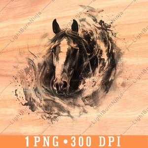 Tête de cheval tourbillonnant énergie équine qui coule Colt sauvage étalon fichier laser graver en niveaux de gris ardoise sous-bock noir blanc Image PNG graver du bois, un