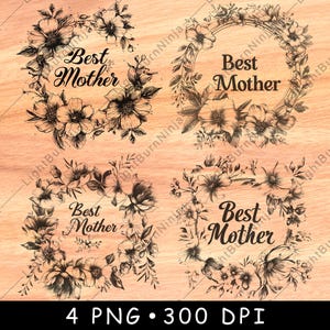 Corona de flores, vides, texto de homenaje a la mejor madre, placa floral, archivo láser, escala de grises, posavasos de pizarra, imagen PNG en blanco y negro, grabado CNC en madera
