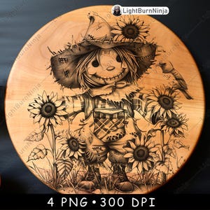 Épouvantail, tournesol, oiseau, chapeau de paille, récolte, floral, automne, ferme, fichier laser, gravure en niveaux de gris, ardoise, caboteur, noir blanc, image, PNG, graver, cnc, bois