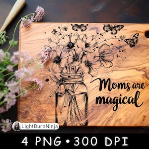 Las mamás son flores mágicas, mariposas, tarro de albañil, margaritas florales, archivo láser, escala de grises, posavasos de pizarra, imagen PNG en blanco y negro, grabado en madera CNC